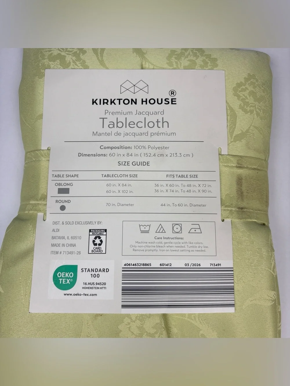 Kirkton House Tablecloth Green Floral Premium Jacquard 60x84 Oblong Water Resist